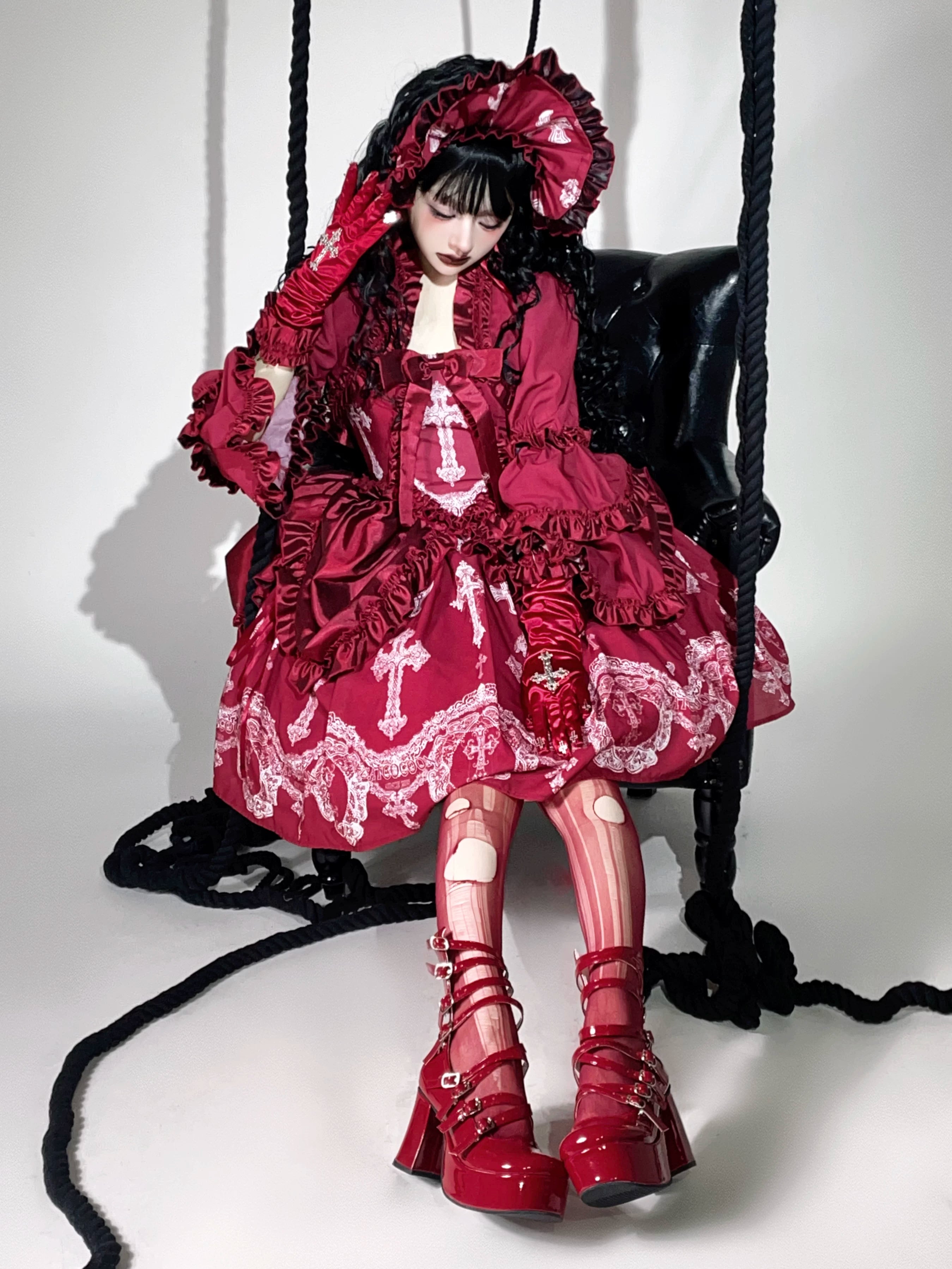 Lace Cross Gothic Lolita JSK Red Set