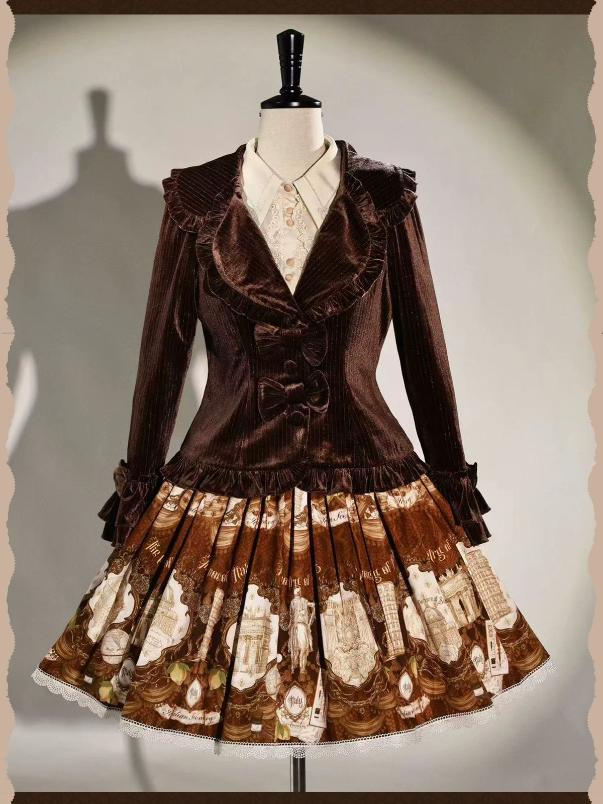 Italian Travelogue Brown British Style Lolita OP Dress and Coat