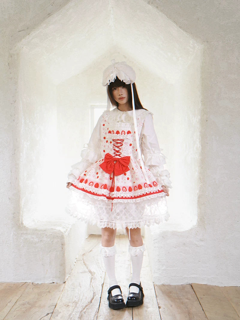 Strawberry Scent Polka Dot Floral Mini Wing Pinafore JSK Dress
