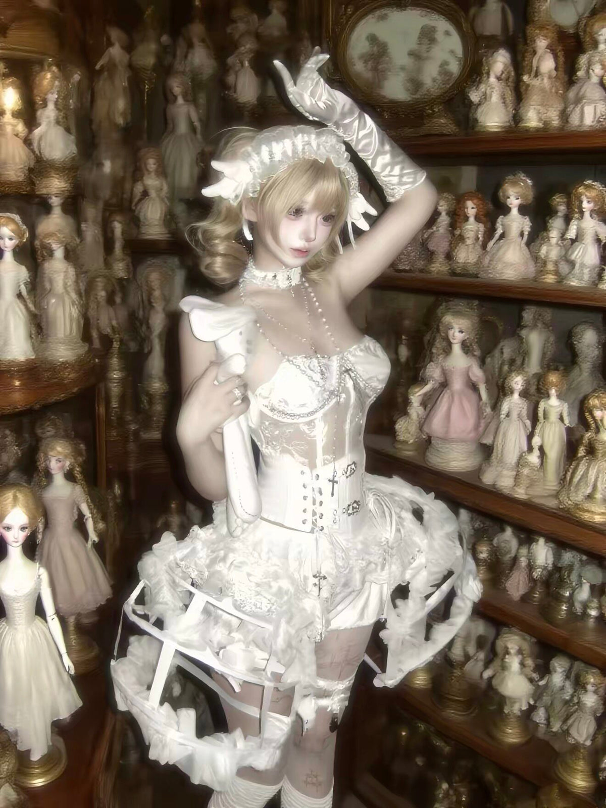 Flower Bud White Rose Gothic Corset & Birdcage Skirt Set