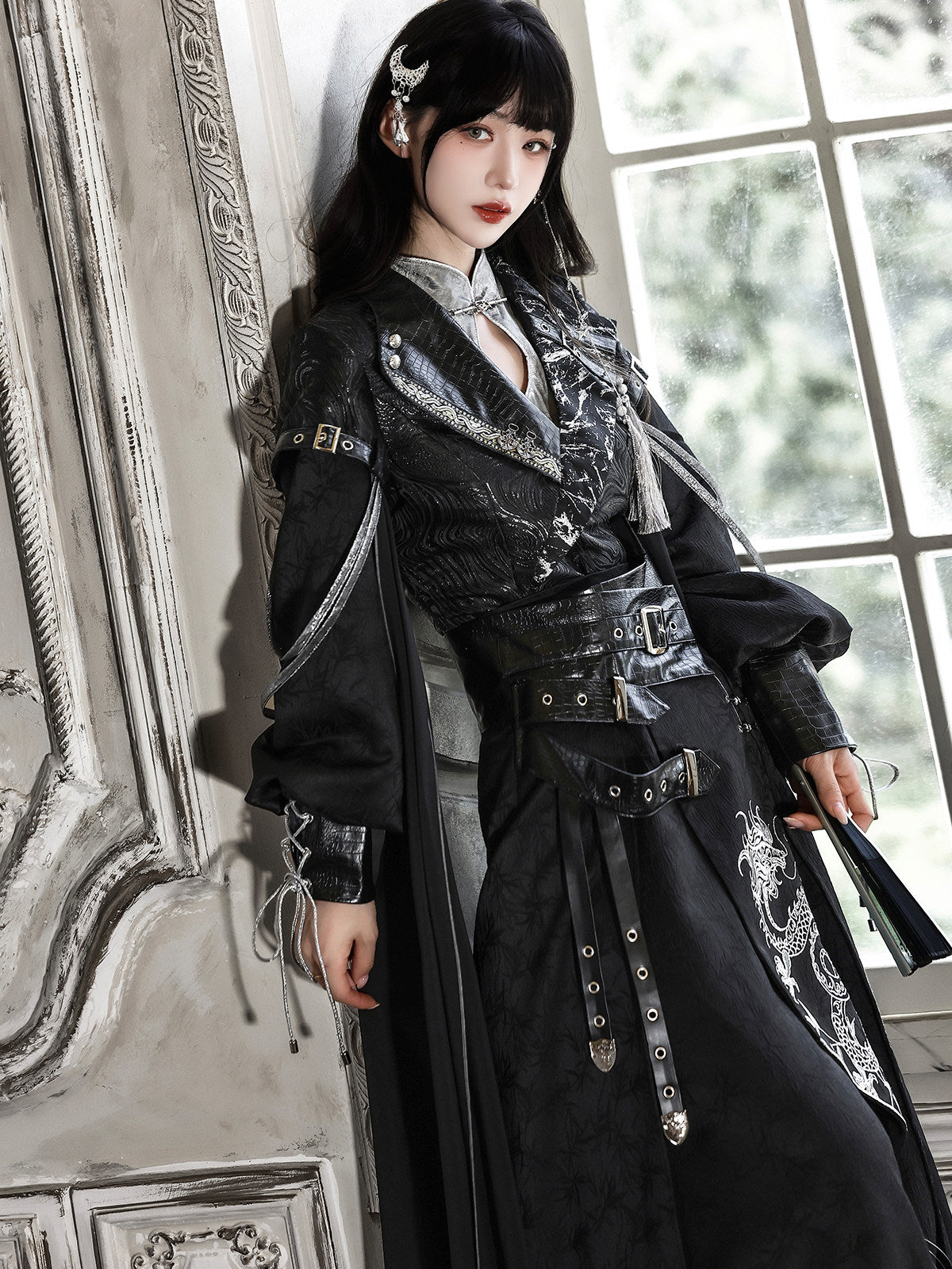 Shadow Dragon Black Silver Dragon Embroidery Oriental Hanfu Modern Set