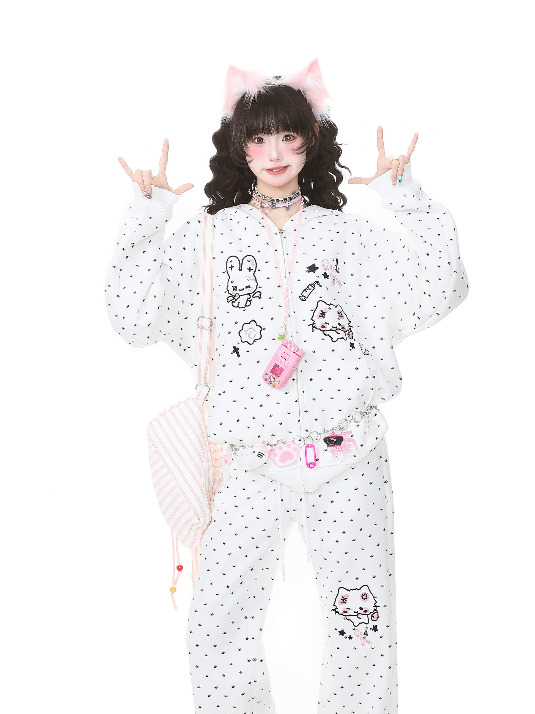 Rabbit Ear Rhinestone Hooded Coat & High Waist Pants