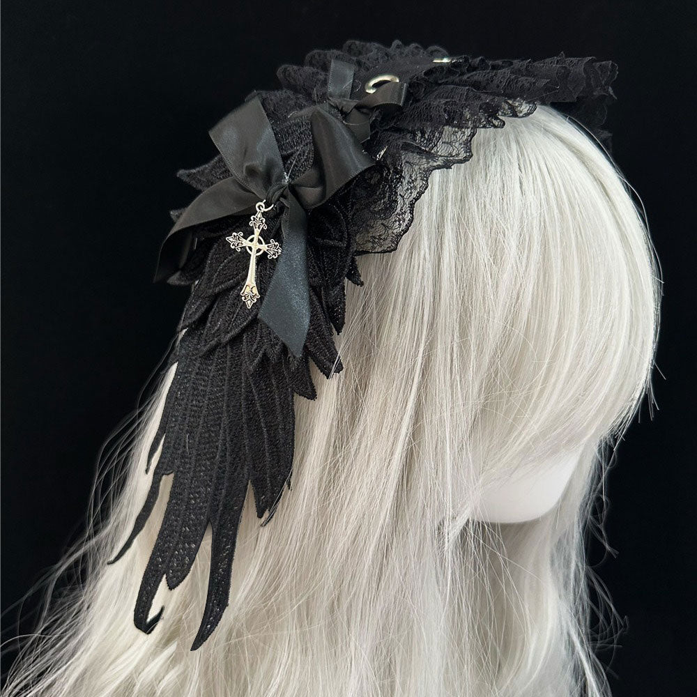 Dark Angel Wing Feather Lolita Gothic Headband with Cross Charm