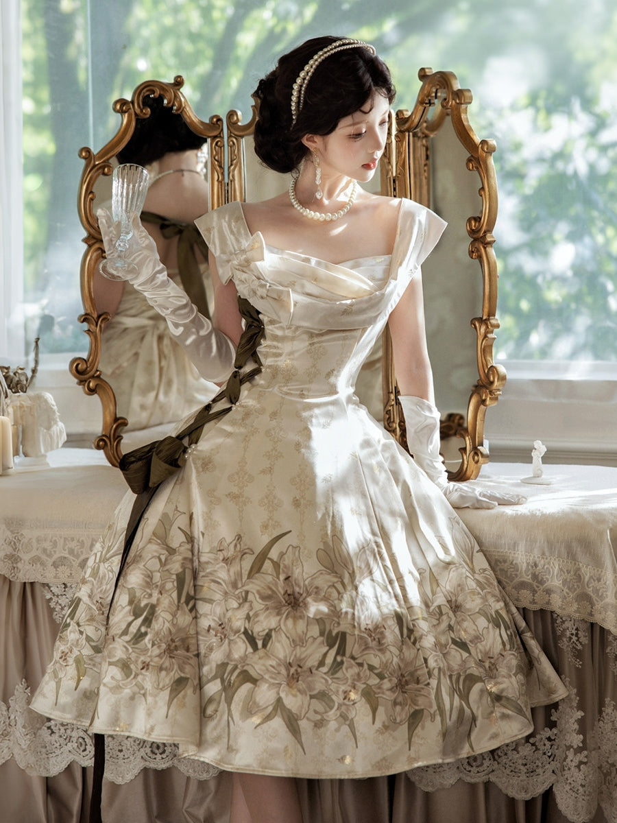 Uncharted Stars Ivory Gold Lily Print Elegant Classic Lolita Dress