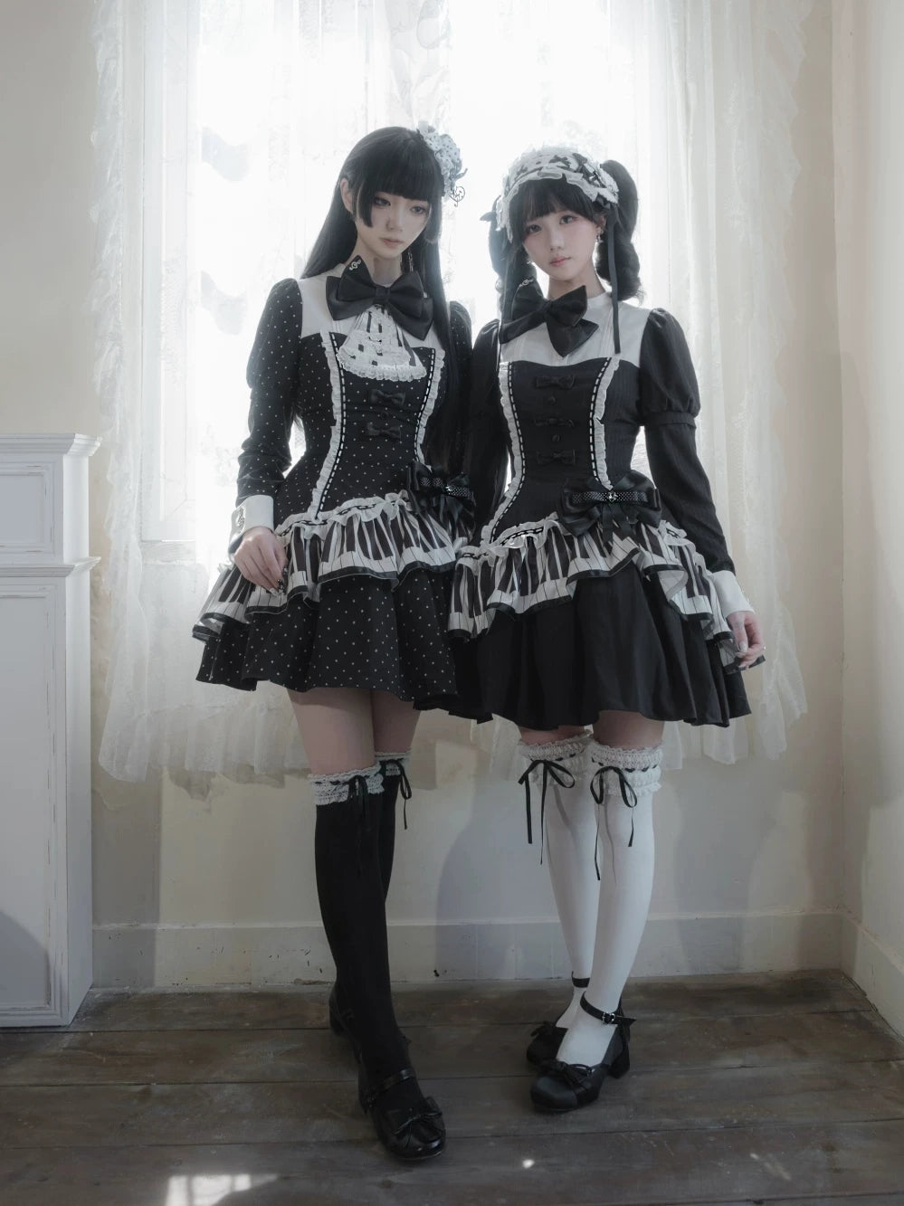 lvory & Eboony Piano Keys Black & White Gothic Stand Collar Cinched Dress