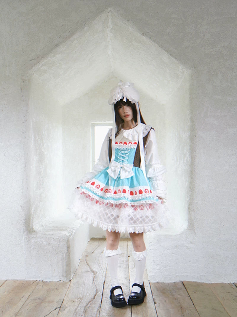 Strawberry Scent Polka Dot Floral Mini Wing Pinafore JSK Dress