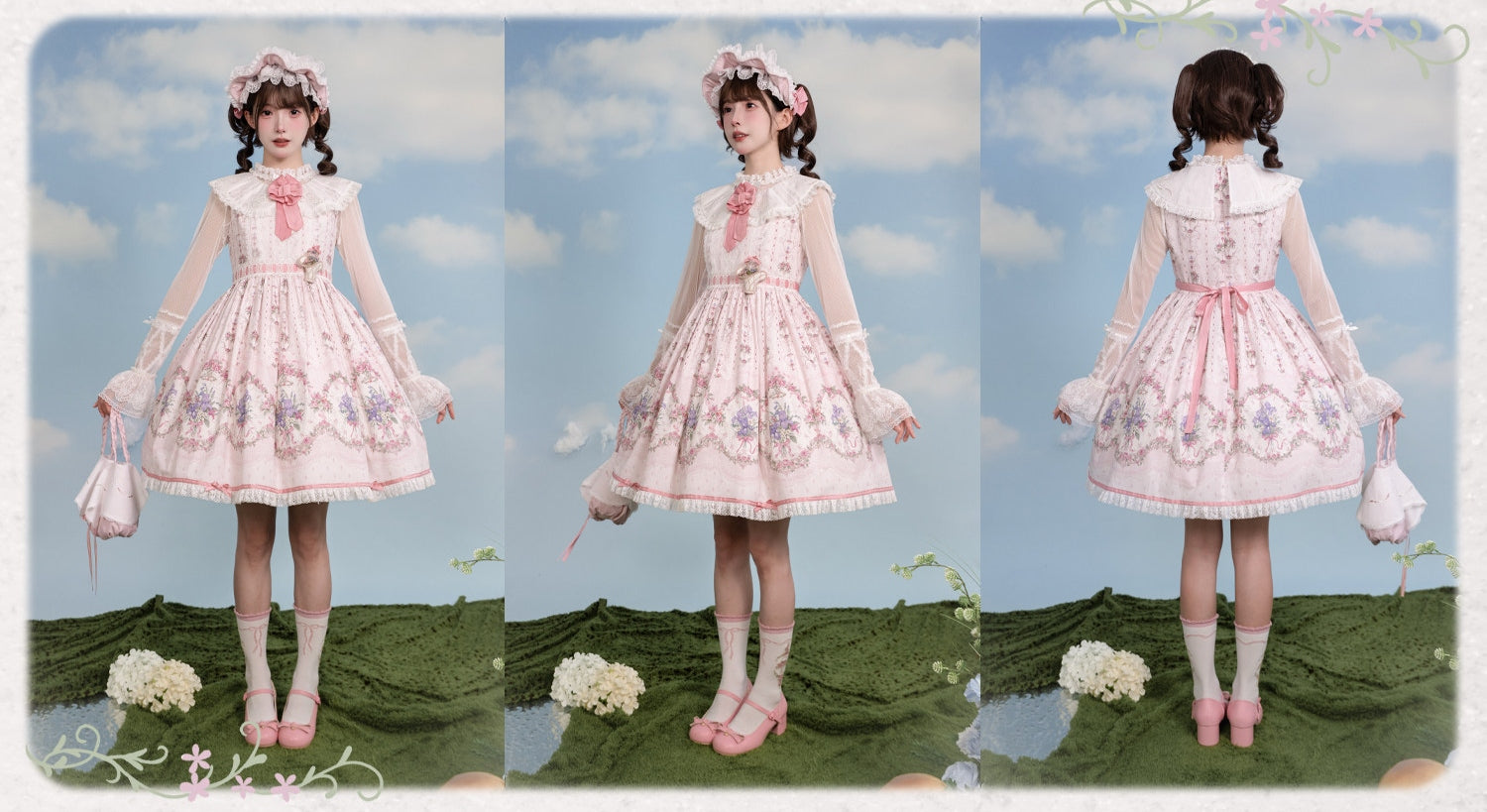 Iris Clock Lolita Flutter Sleeves Printed OP & Cut‑Work Embroidered Lapel JSK