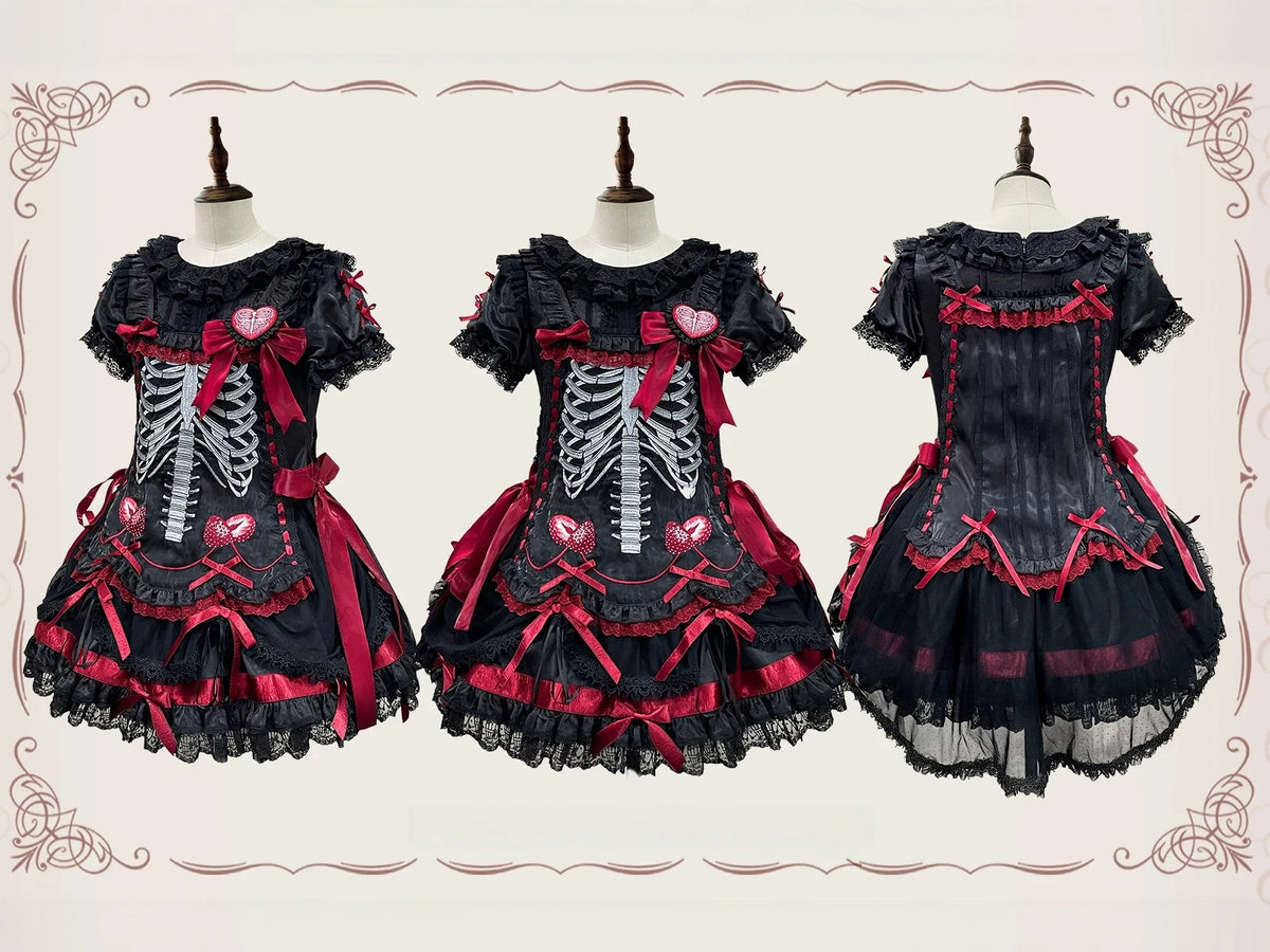 Strawberry Heart Bone Black and Red Gothic Lolita OP Dress