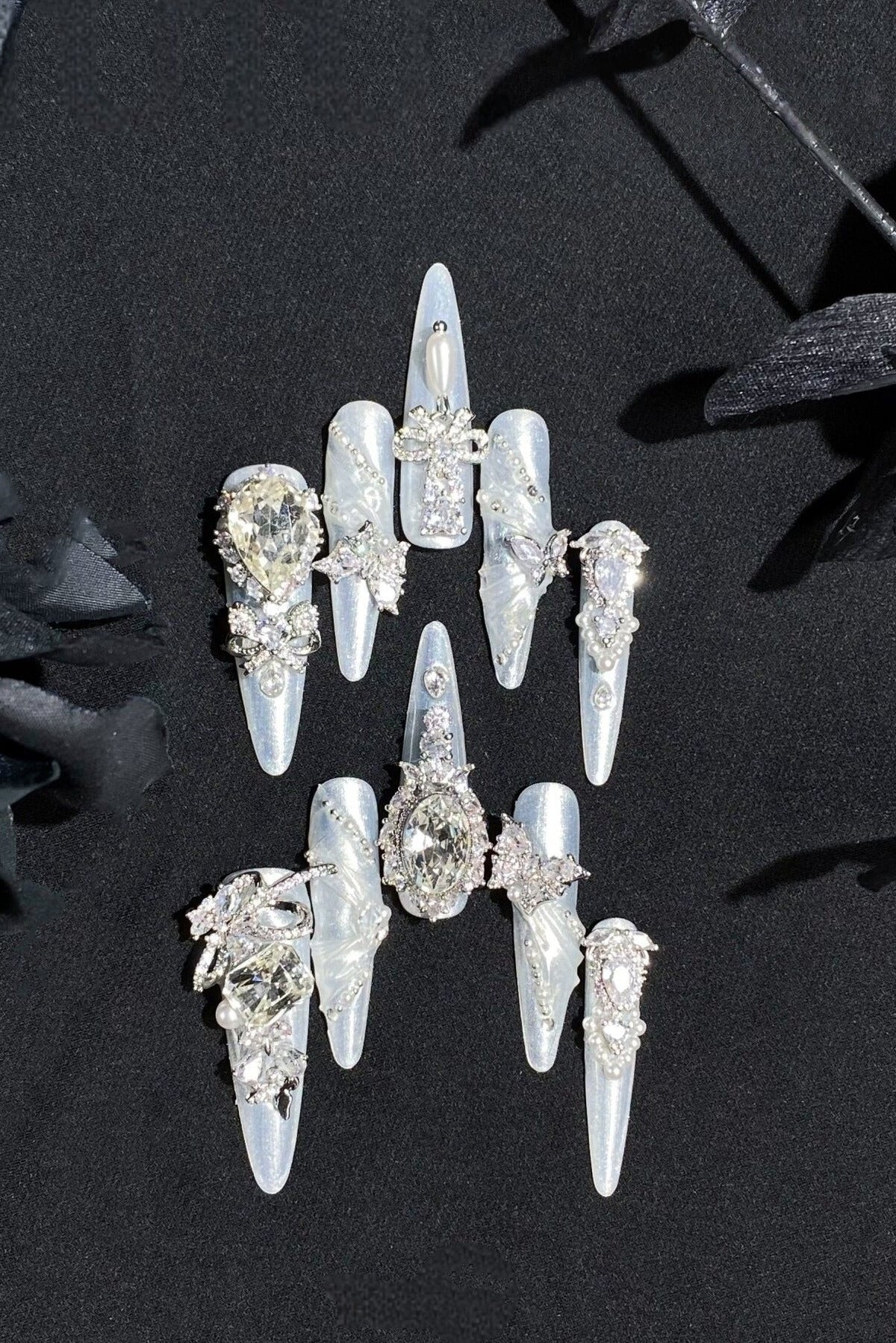 White Moonlight Silk Pearl Bridal Lolita Nail Art