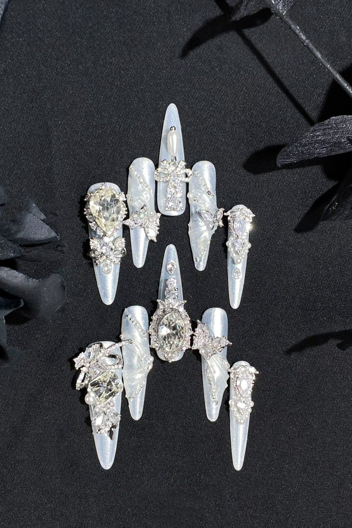 White Moonlight Silk Pearl Bridal Lolita Nail Art
