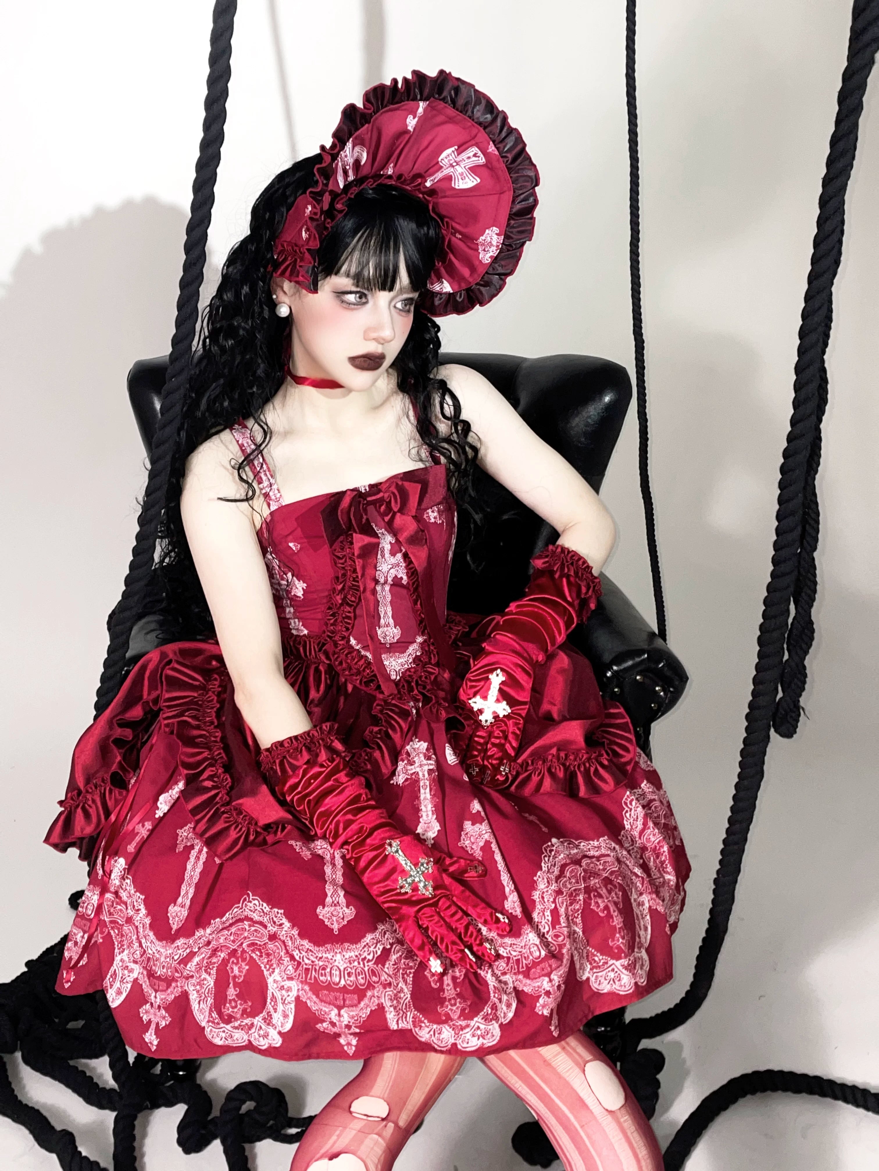 Lace Cross Gothic Lolita JSK Red Set