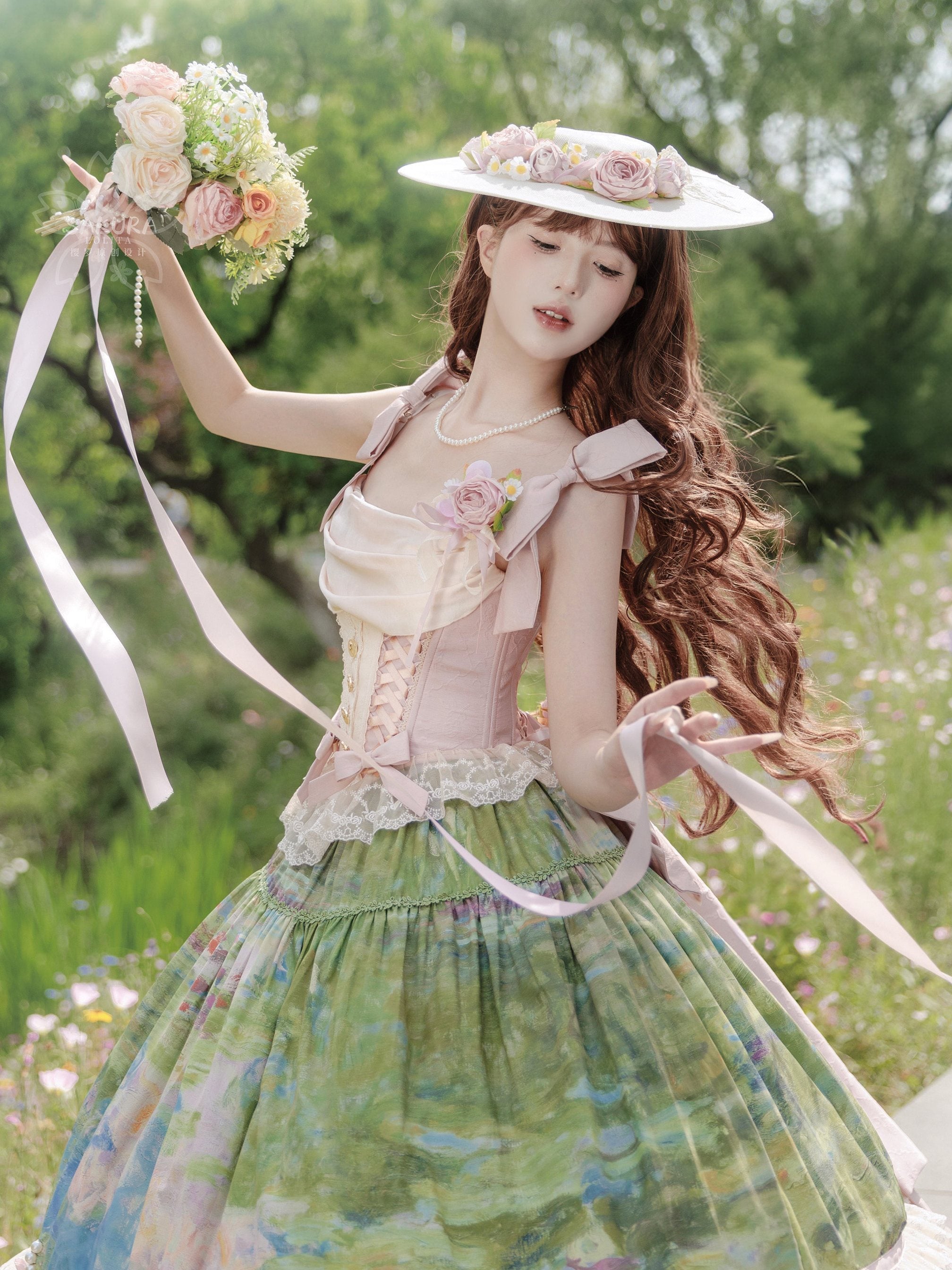 Ensemble Robe et Corset Lolita Classique "Le Jardin de Monet" (Peinture à l'Huile)