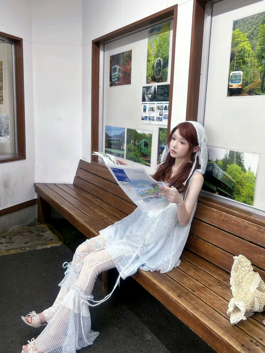 Jellyfish Pink Blue Lace Mesh Flared Pants Slip Dress Fairycore Set