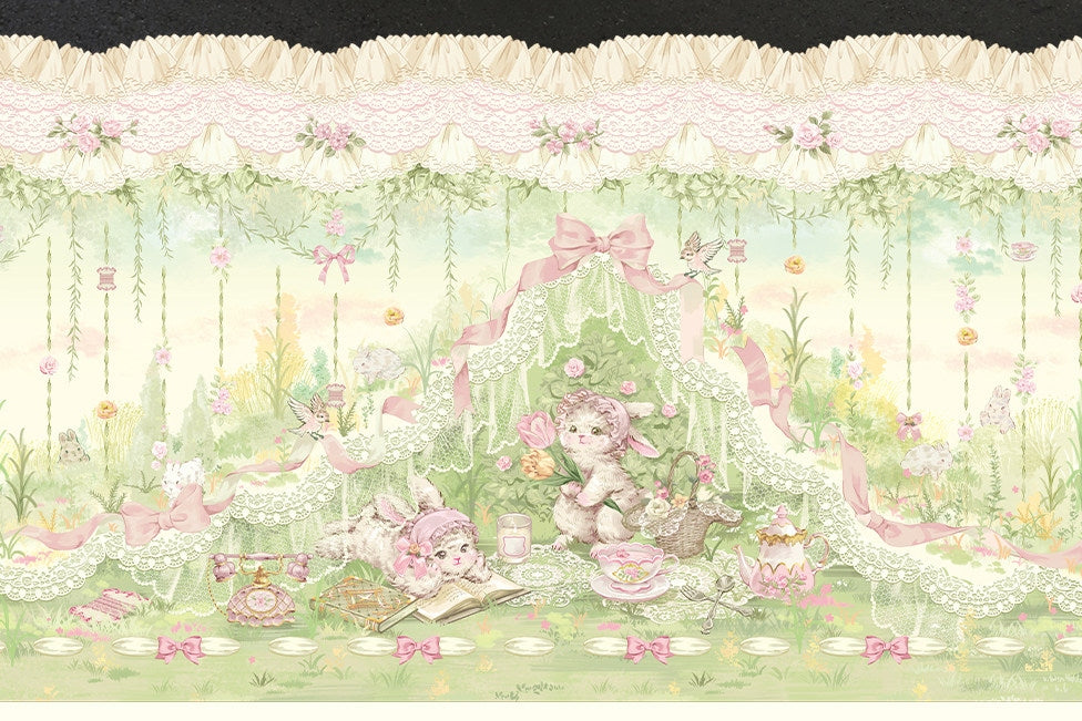 Bamboo Rabbit Pink Green Bunny Floral Print Bow Classic Lolita OP Dress