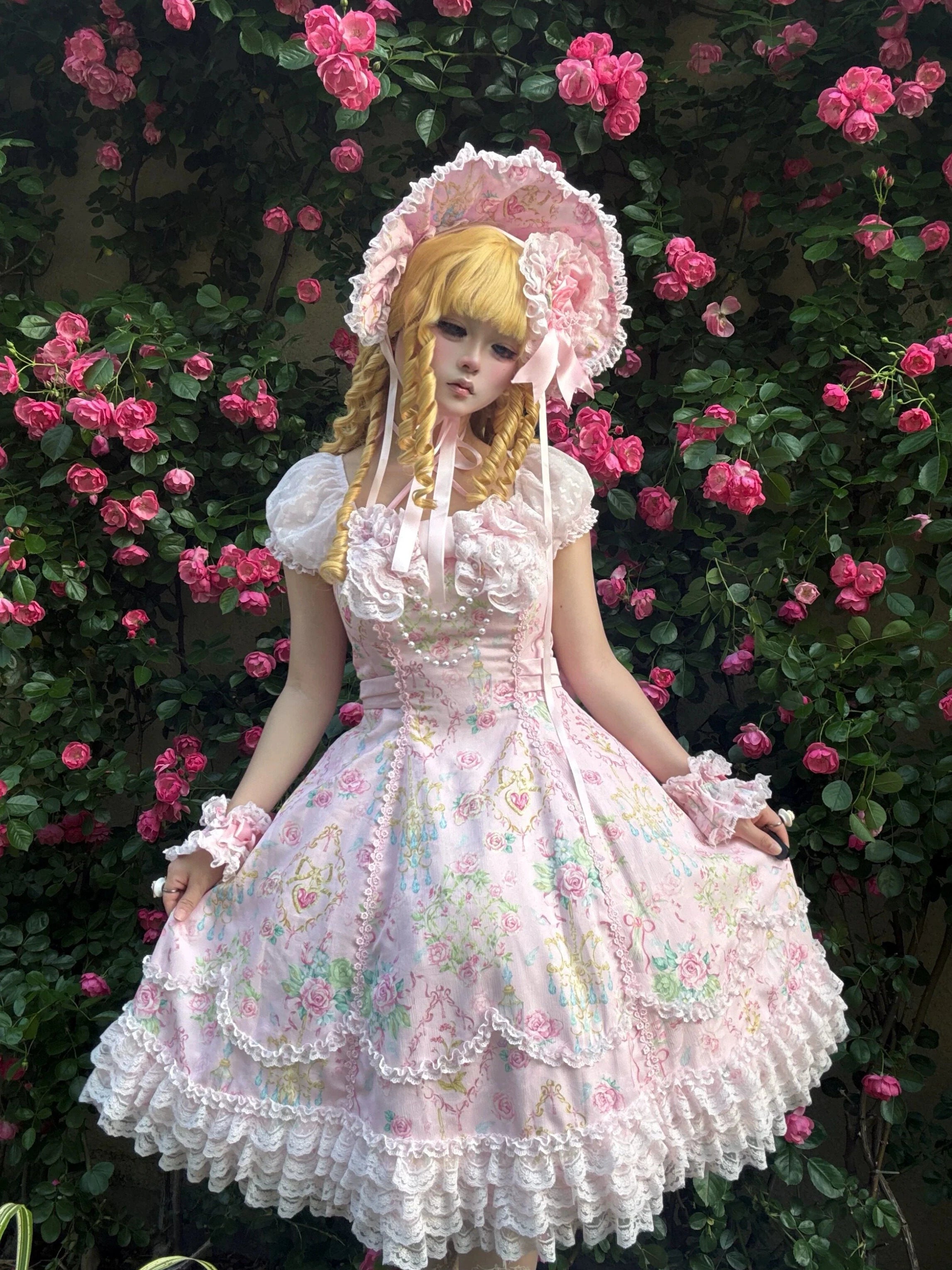 Spring 2025 Vintage Flower Wall Chandelier Rose Print Sweet Lolita JSK Dress