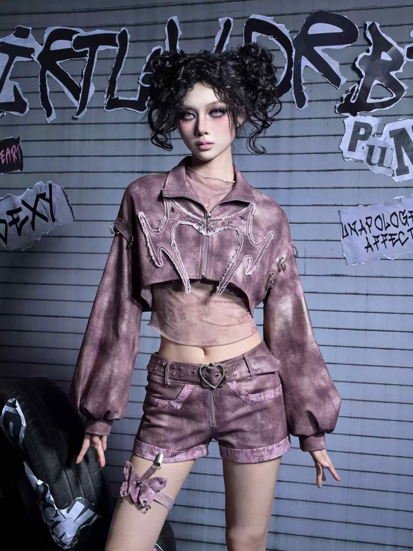 Y2K Edgy Rivet Denim Set with Leg Harness LE1021