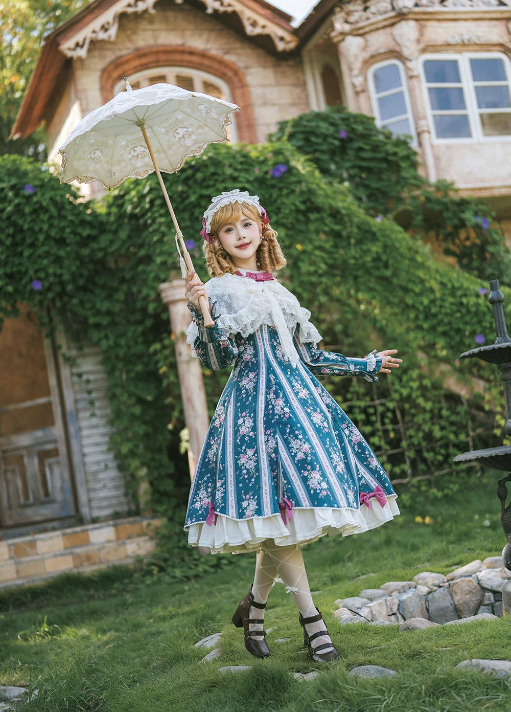 Susans Garden Pastel Floral Long Sleeve Lolita OP Dress Set