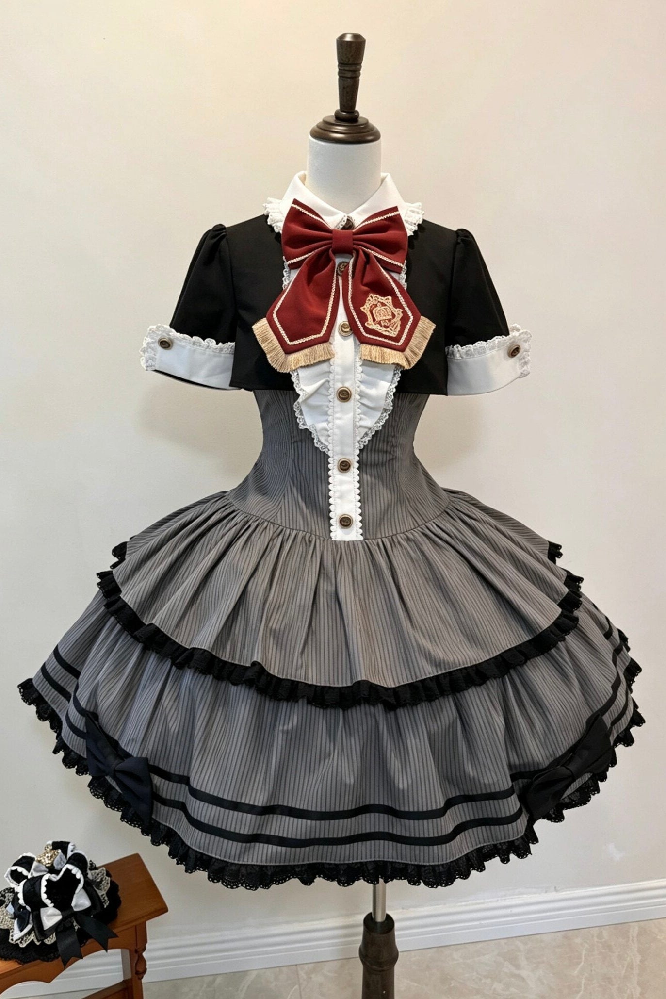 Black Striped Crown Idol Academy Lolita Fake Two-Piece OP Dress