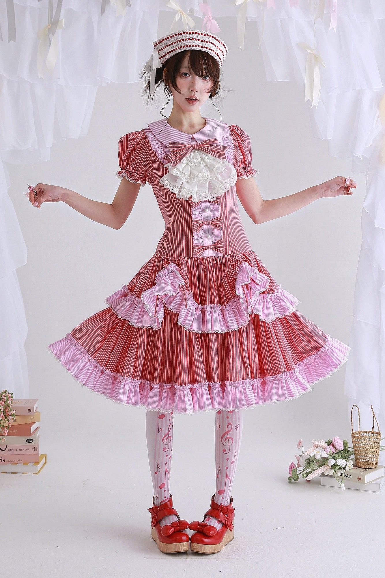 Candy Cottage Showa Retro Pink Striped Dress