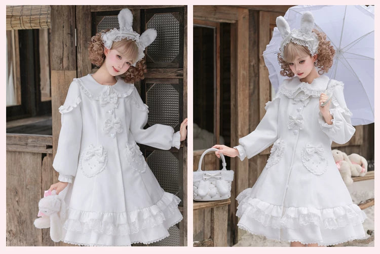 Bunny Warm Lolita Cake Hem Pink & White Wool Coat