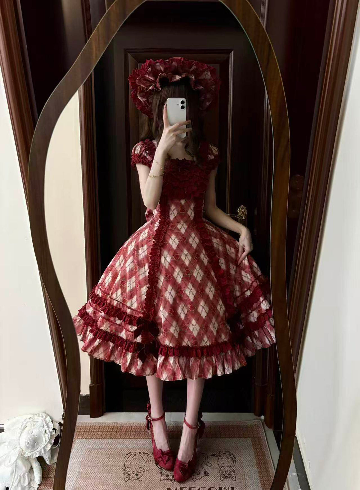 Red Pencil Lolita Vintage Diamond Floral Print Ruffled Red JSK Dress