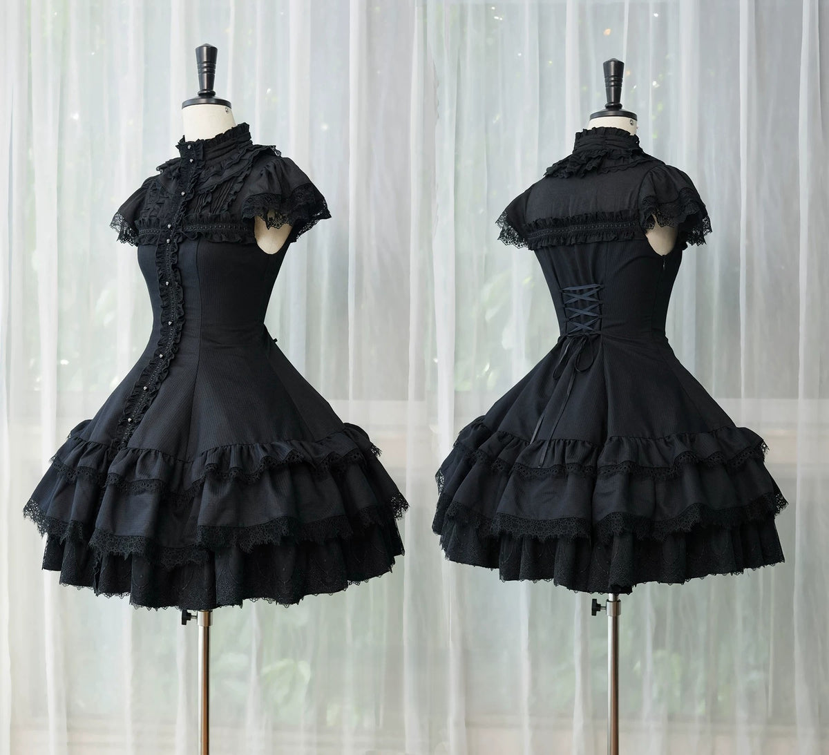 Leanna Black Gothic Lolita Cross Lace OP Dress in Two Lengths