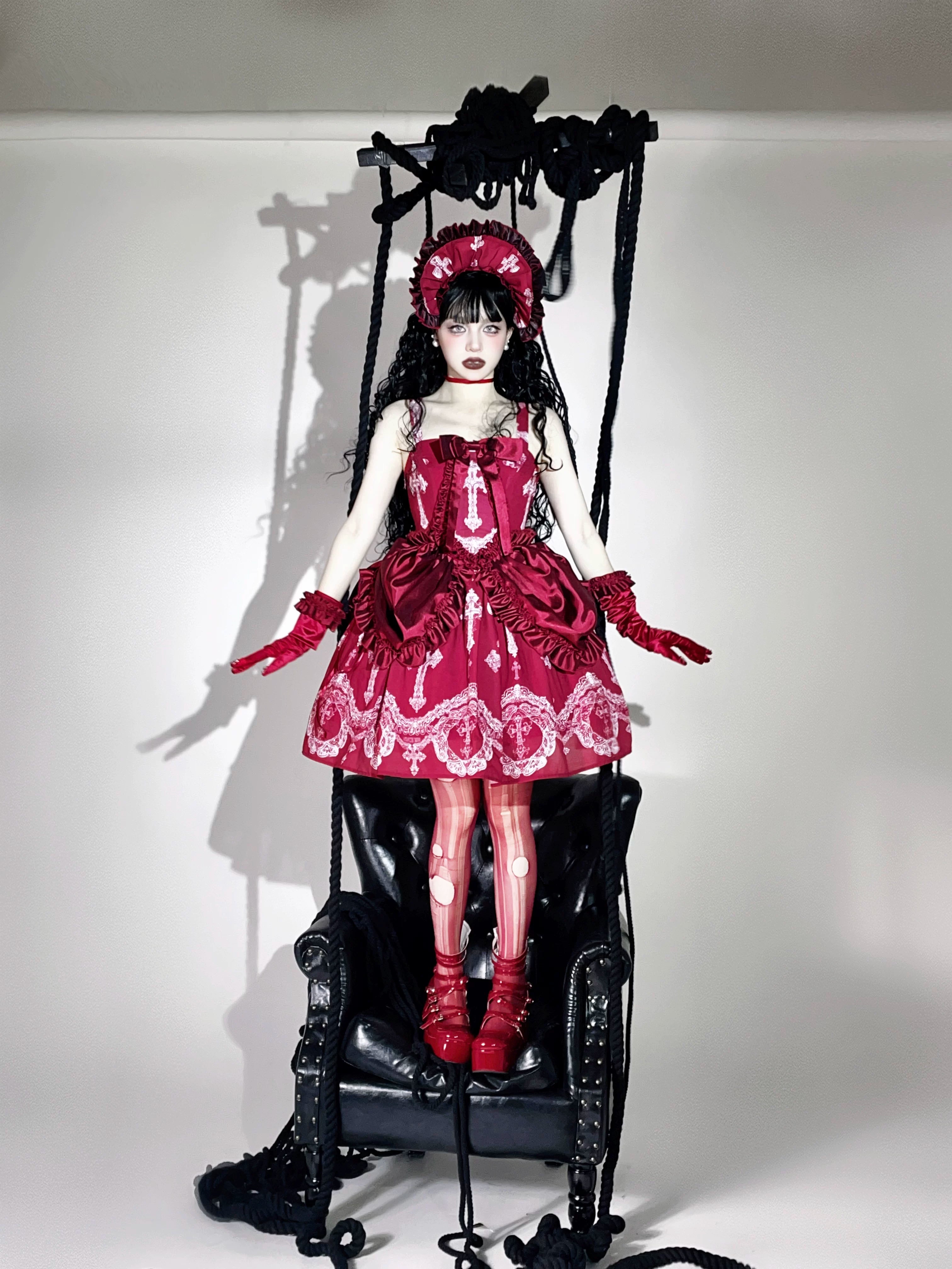 Lace Cross Gothic Lolita JSK Red Set