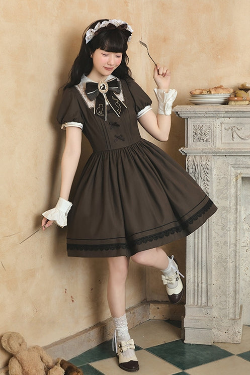 Refreshing Tea Party Lolita Cat Embroidered OP Dress