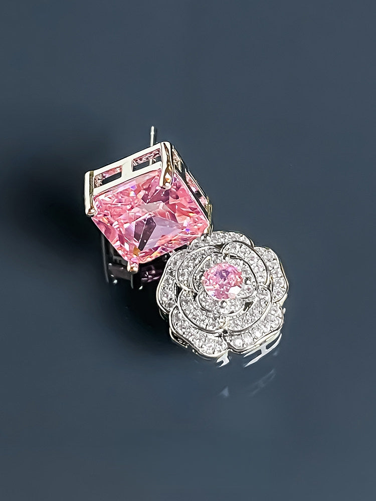 Icy Camellia Lolita Pink Crystal Gem Earrings