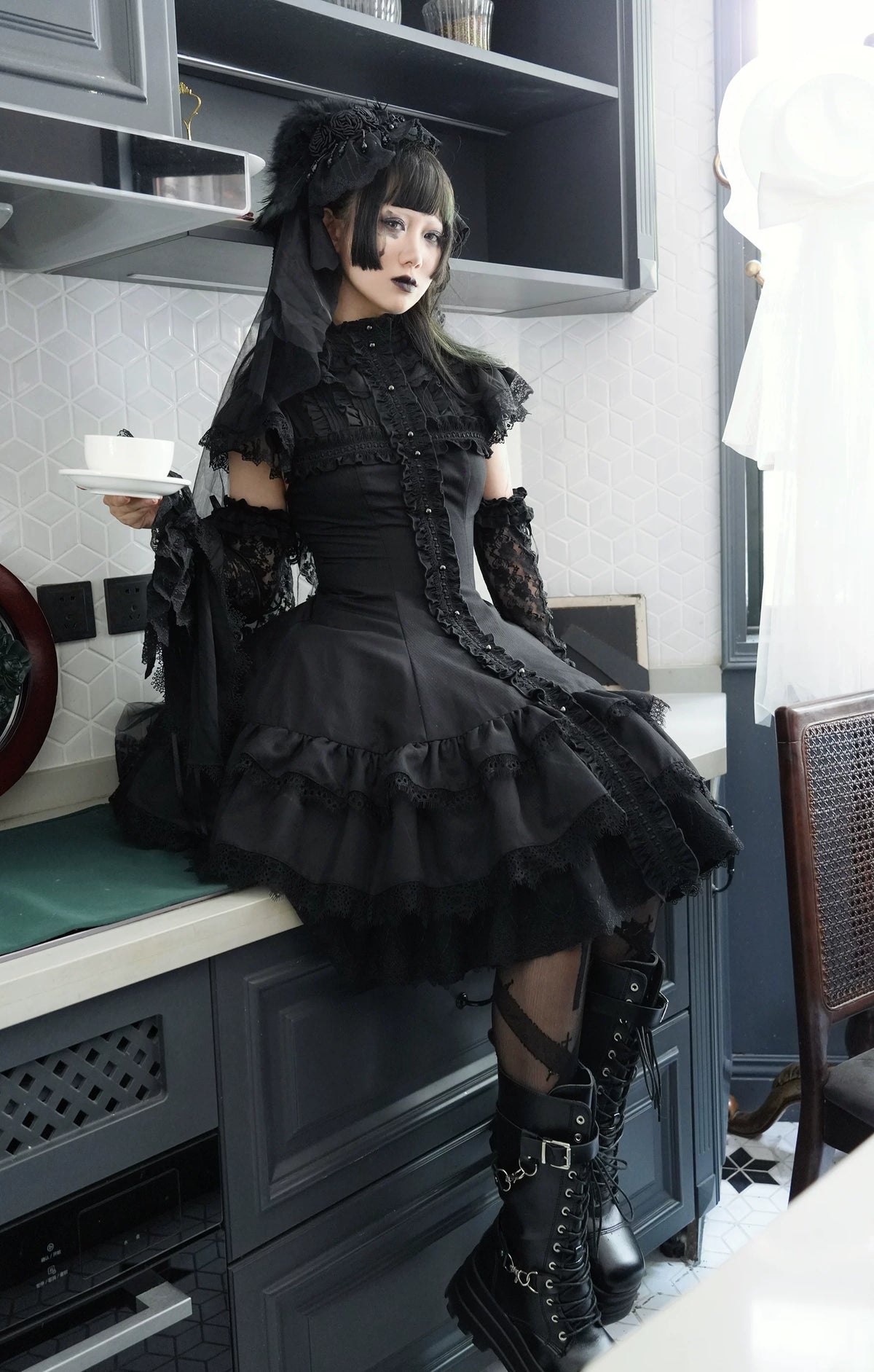 Leanna Black Gothic Lolita Cross Lace OP Dress in Two Lengths