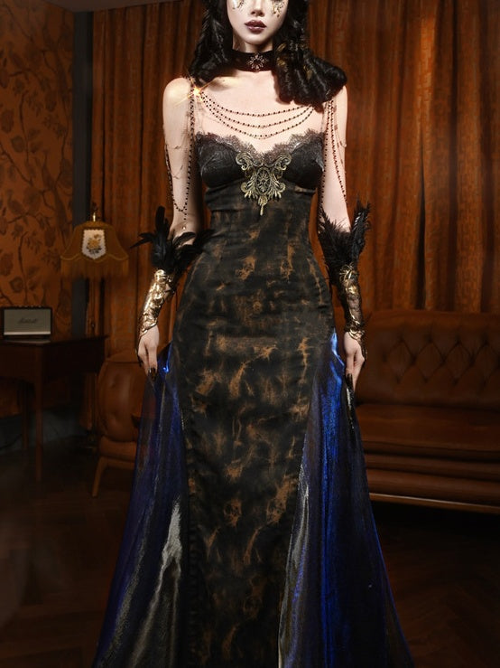 Lolita Gothic Retro style Blue & Gold Flowing Cami Dress LG1001
