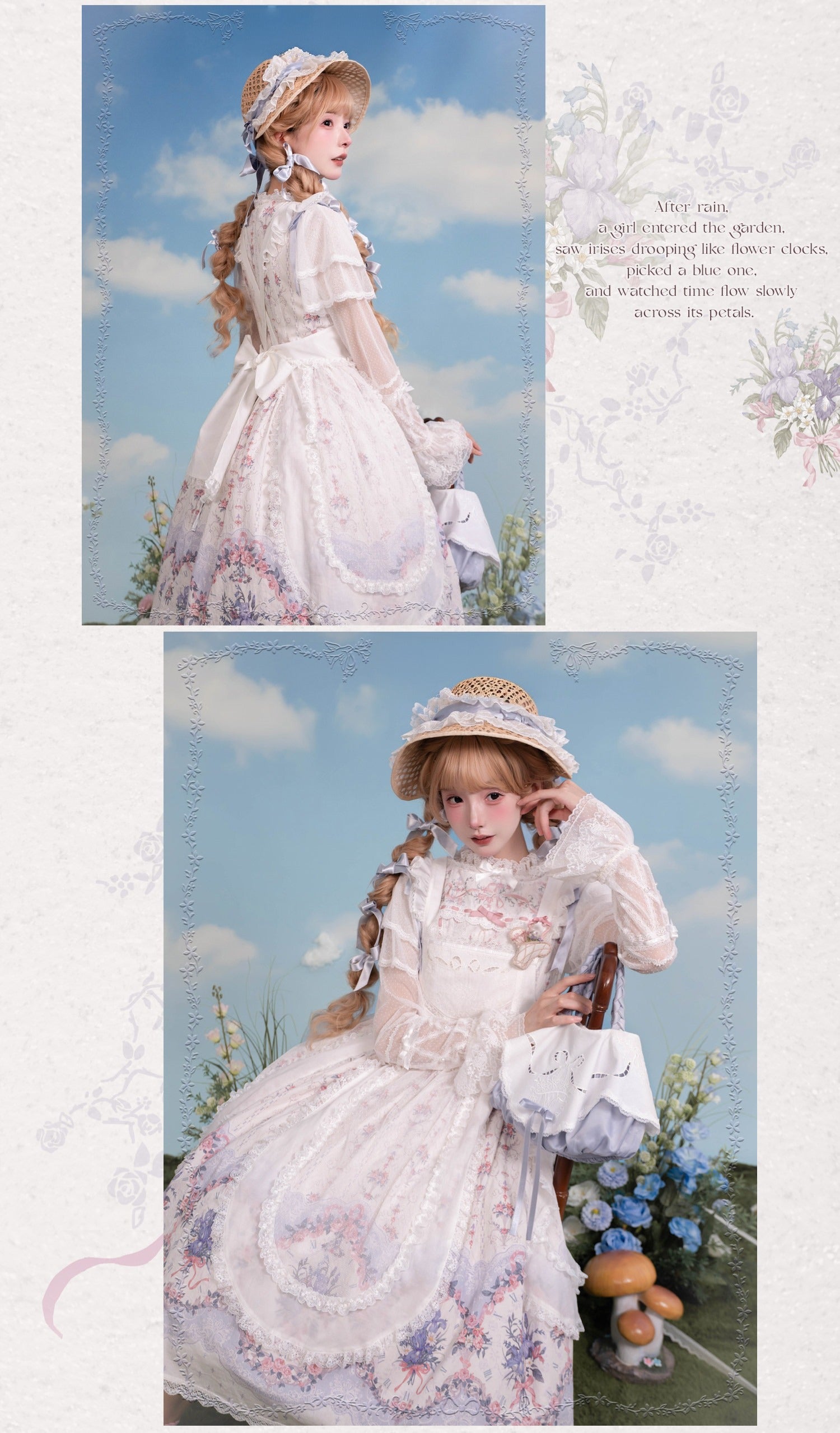 Iris Clock Lolita Flutter Sleeves Printed OP & Cut‑Work Embroidered Lapel JSK