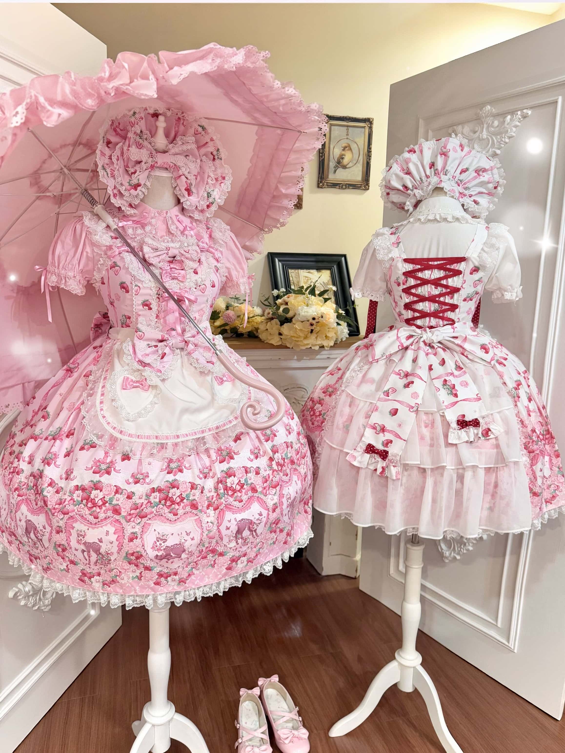 Deer Strawberry Garden Old-School Strawberry Print Lolita JSK