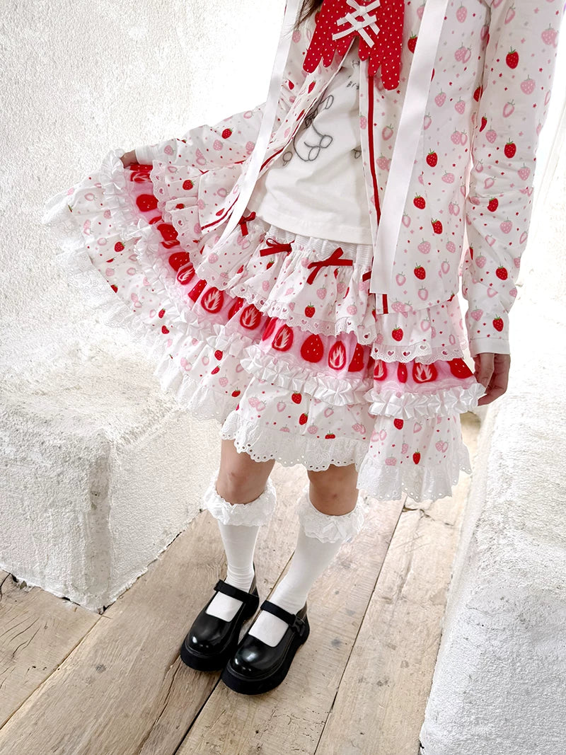 Strawberry Scent Cake Cross-section Print Lace Short Skirt