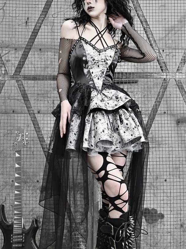 Lolita Punk Halter Dress with PU Leather Fishnet LG1017