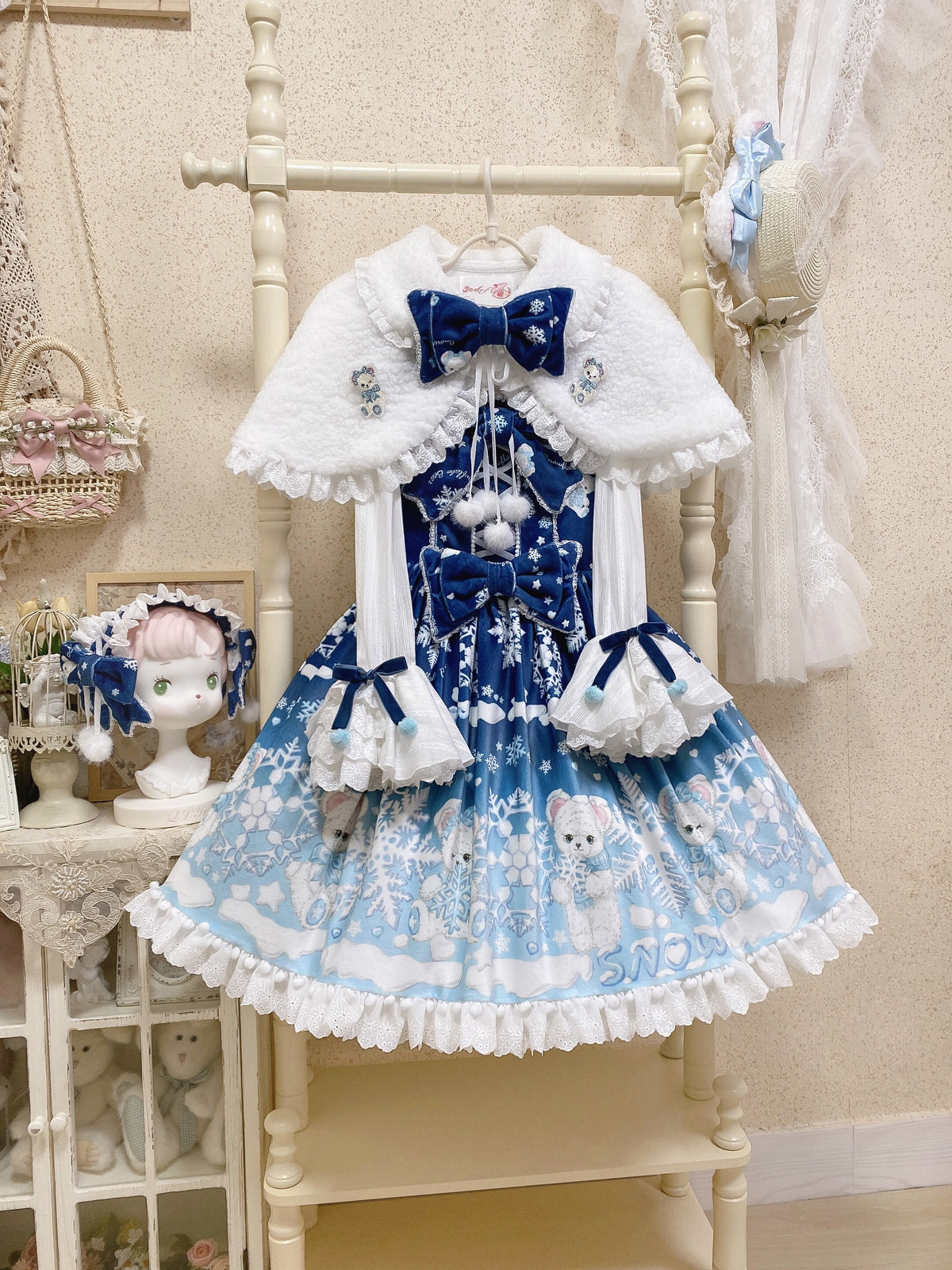 Snowflake Bear Deep Blue Christmas Plush Lolita JSK Dress Set