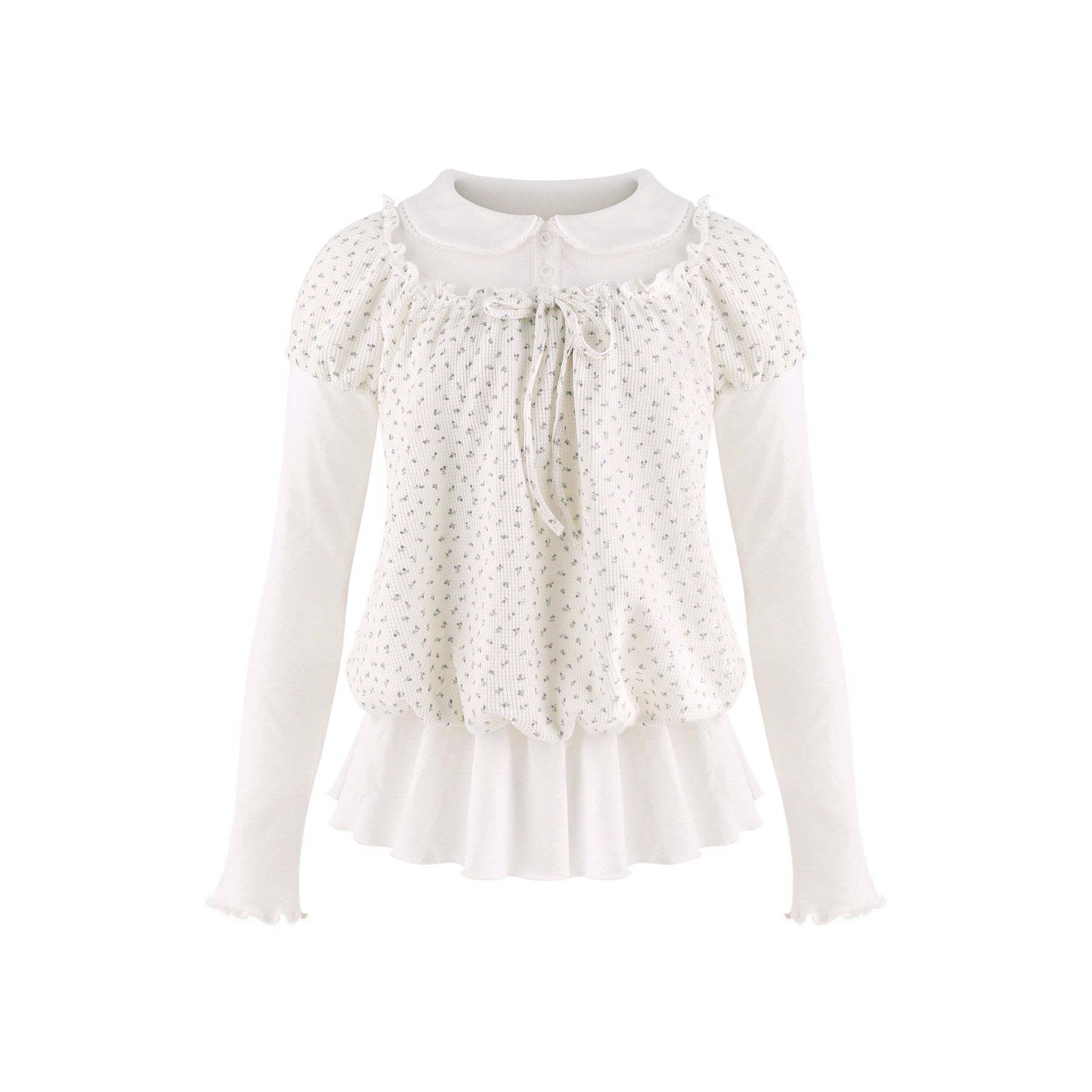 Cloud Floral White Doll Collar Faux Two-Piece Top White Floral Bloomers Girly Daily Set