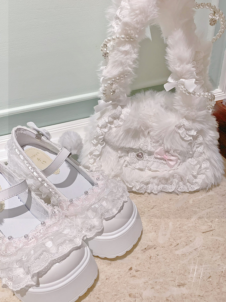 Lolita Pearl Lace Bow Fluffy Plush Bag LE8012