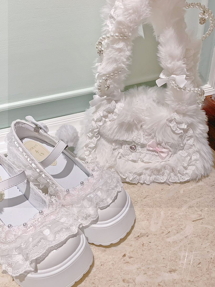 Pearl Lace Bow Fluffy Plush Bag