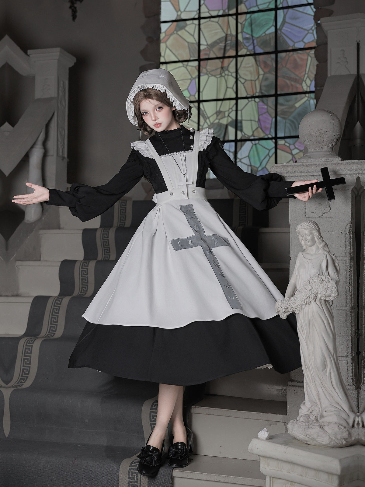 Moon Phase Lolita Gothic Lace High Collar Apron OP Dress