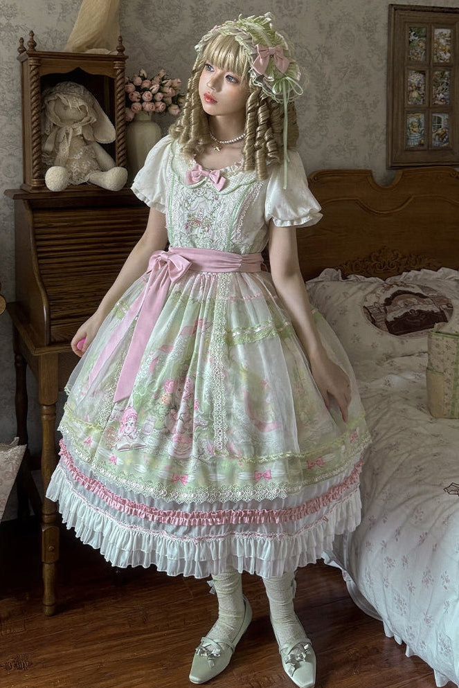 Bamboo Rabbit Pink Green Bunny Floral Print Bow Classic Lolita OP Dress