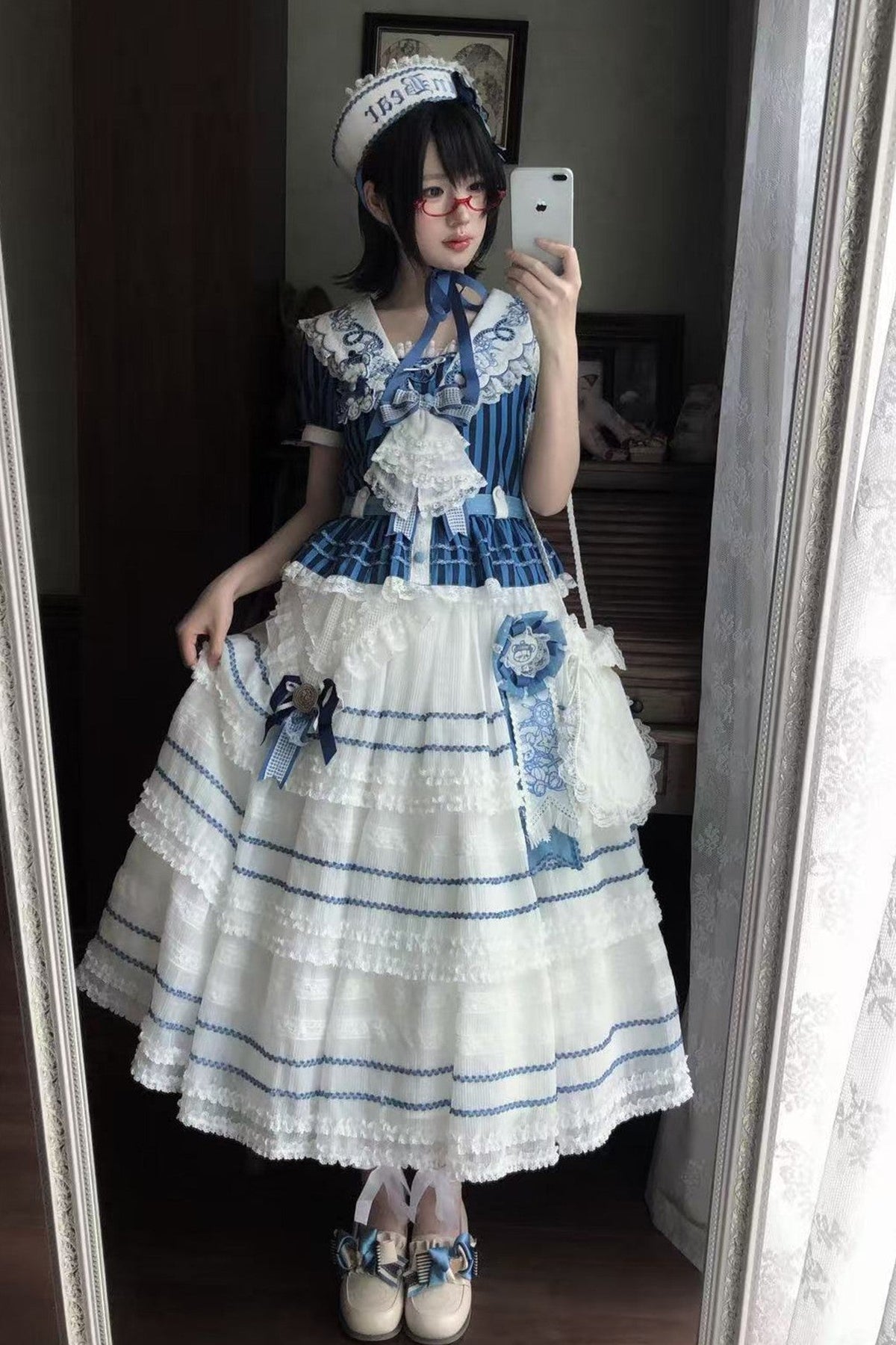 Antique Sailor Bear Blue Stripe Cropped Top Long Skirt Lolita Set