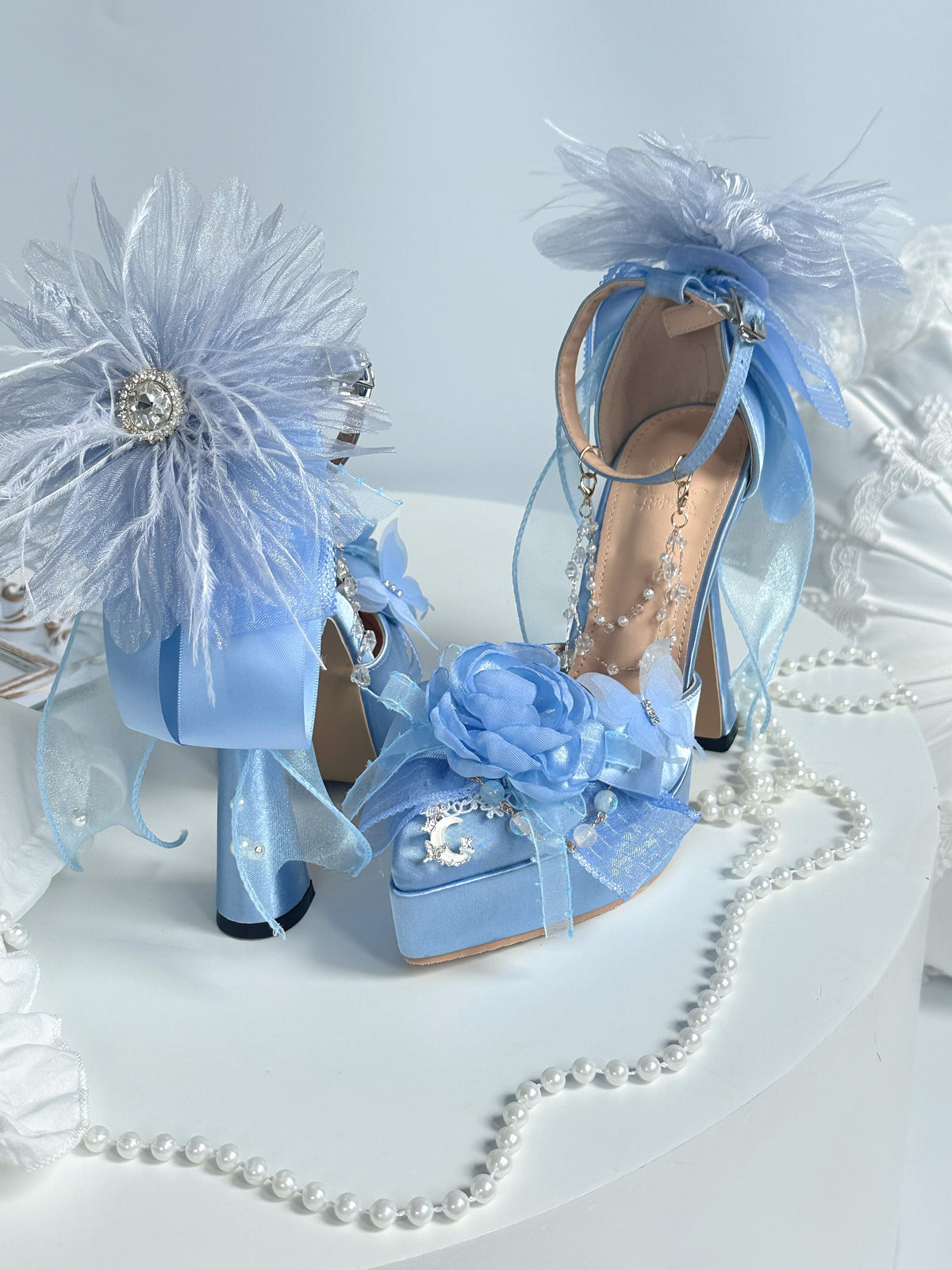 Ocean Tide Blue Chunky Heel Lolita Shoes with Flower Clips
