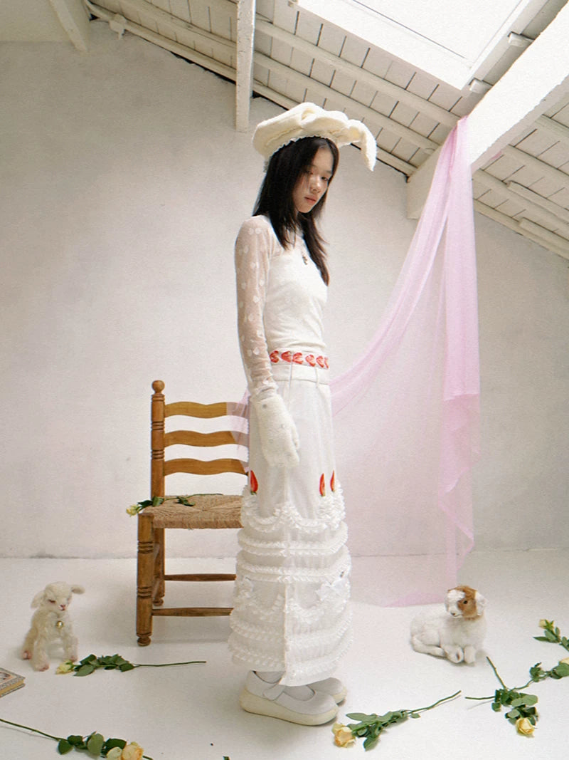 Happy Birthday Cream Strawberry Cake Printed Long Skirt