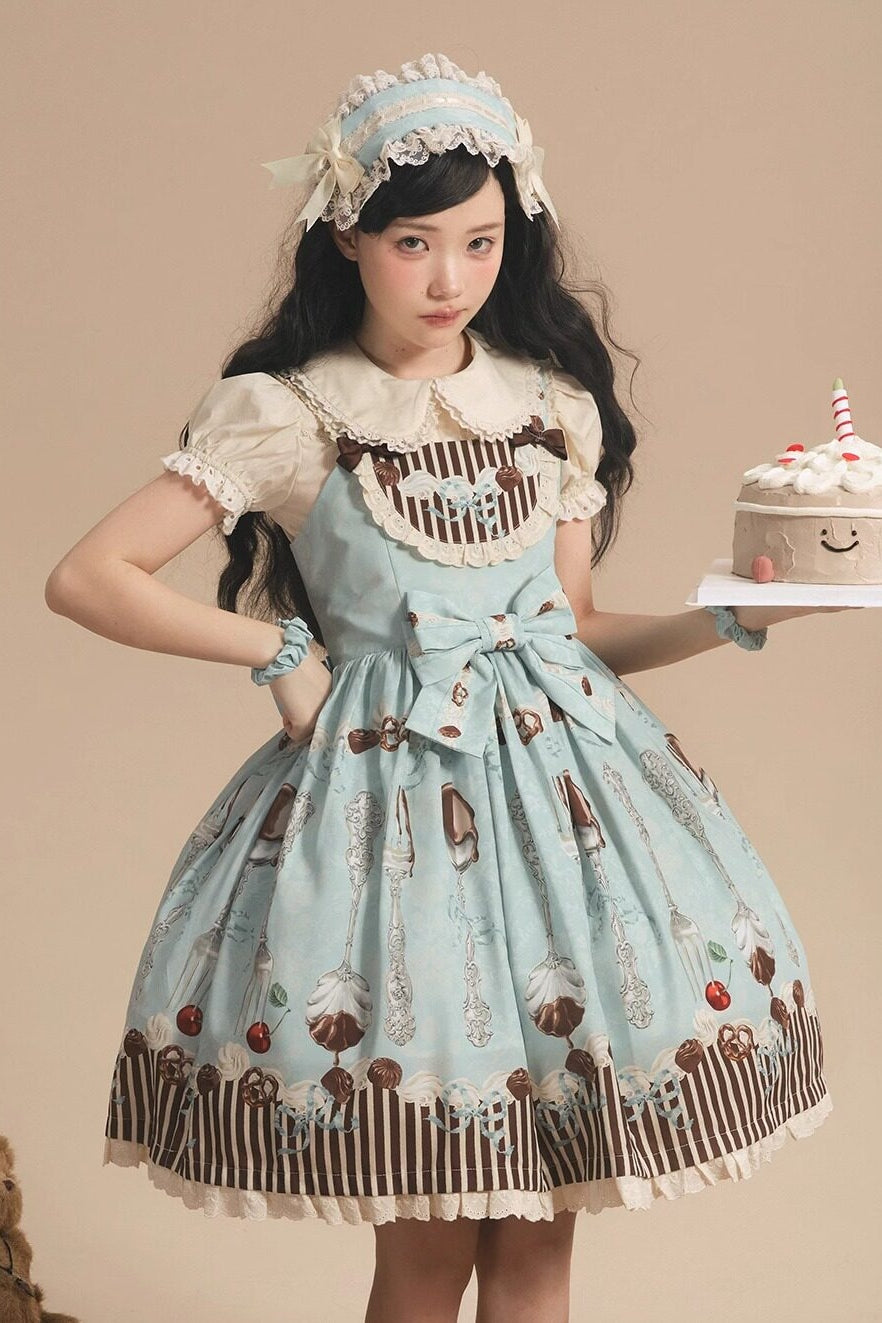 Dessert Sky Blue Chocolate Print Off-center Waist Sweet Lolita JSK