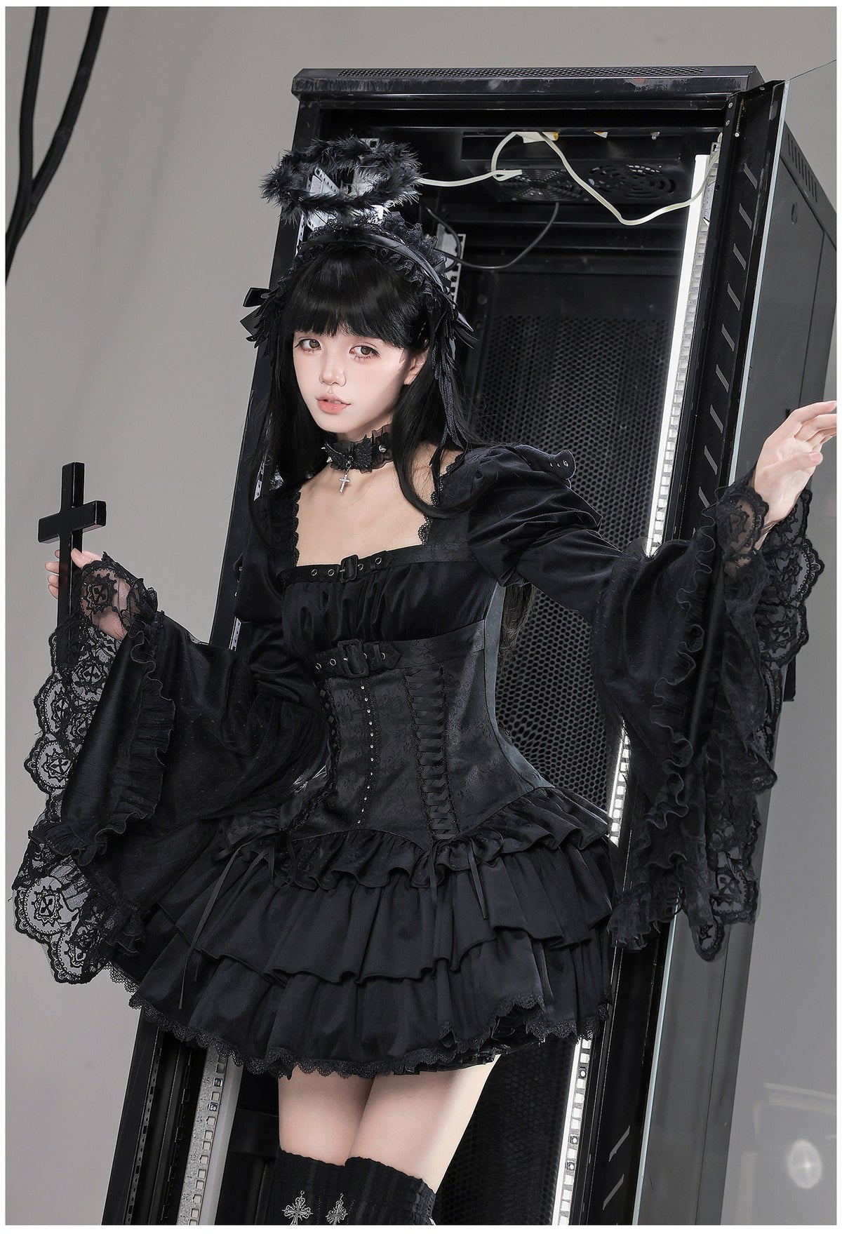 White Night Feather Lolita Sweet Cool Hime Sleeve Mini Dress Set