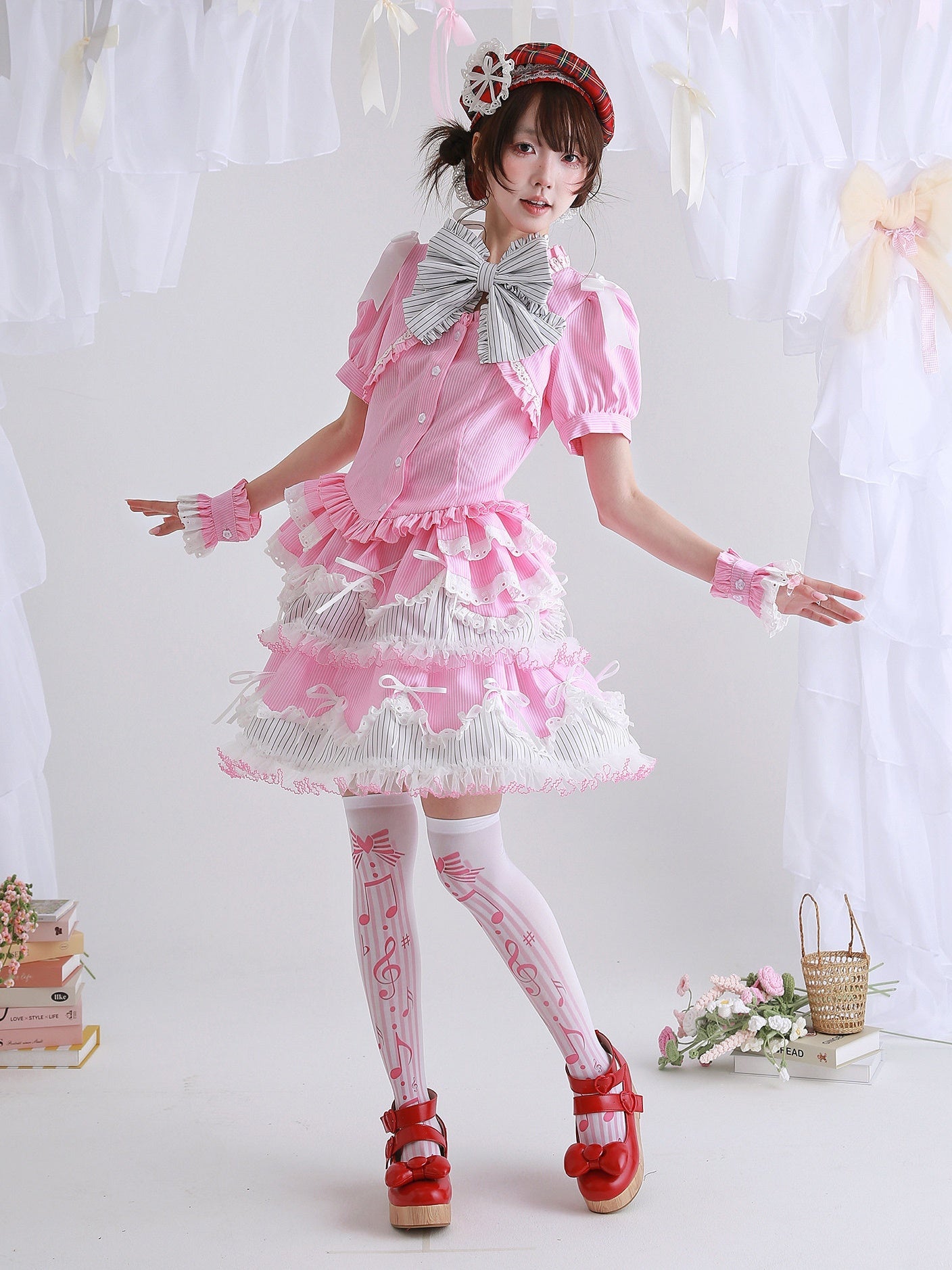 Candy Cottage Showa Retro Pink Striped Set