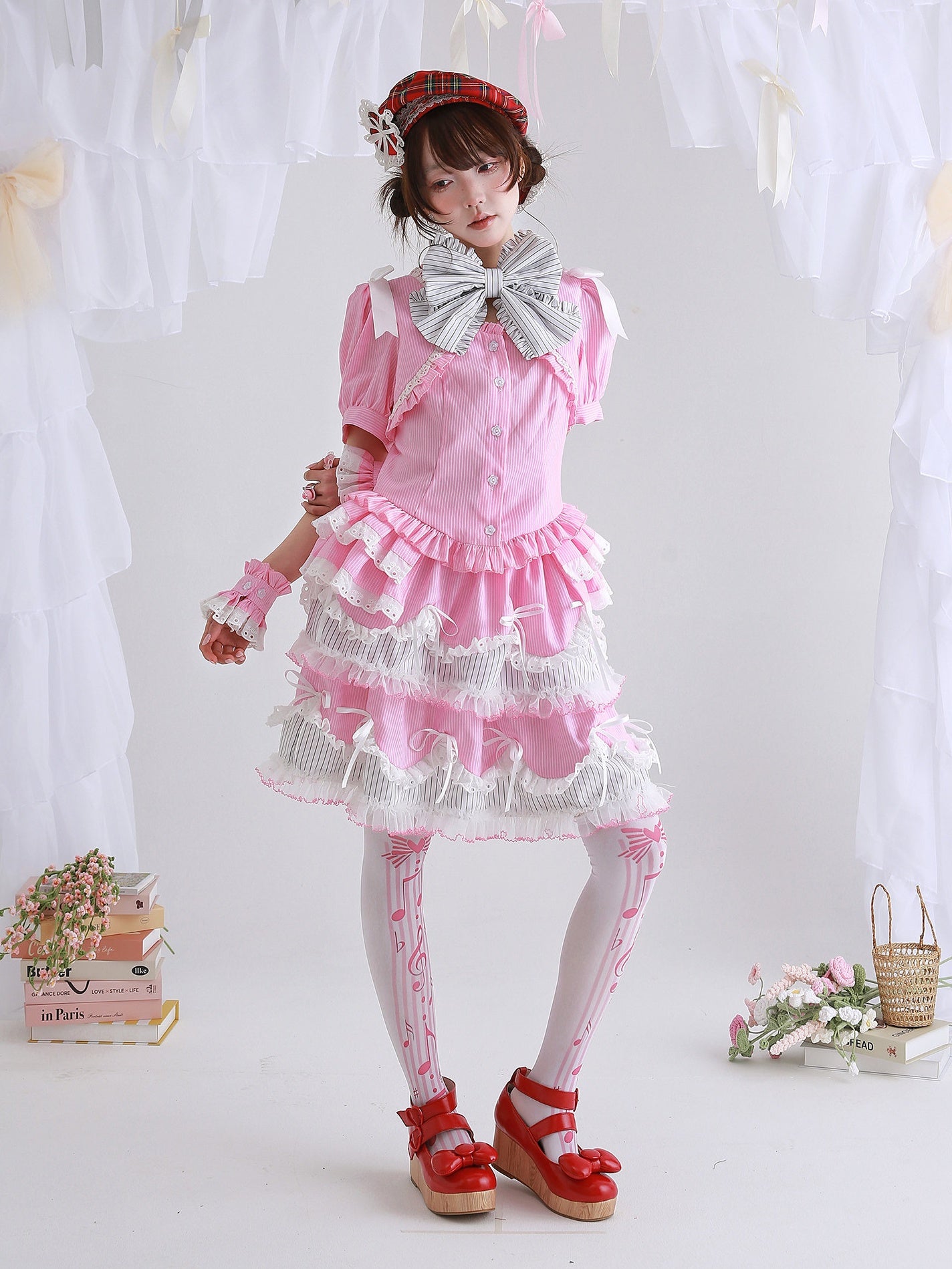 Candy Cottage Showa Retro Pink Striped Set