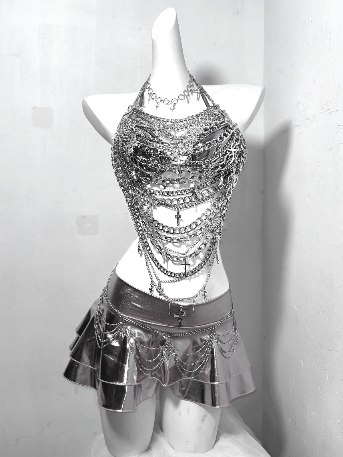 Tears Queen Silver Shiny Gothic Halter Crop Top & Cross Body Chain