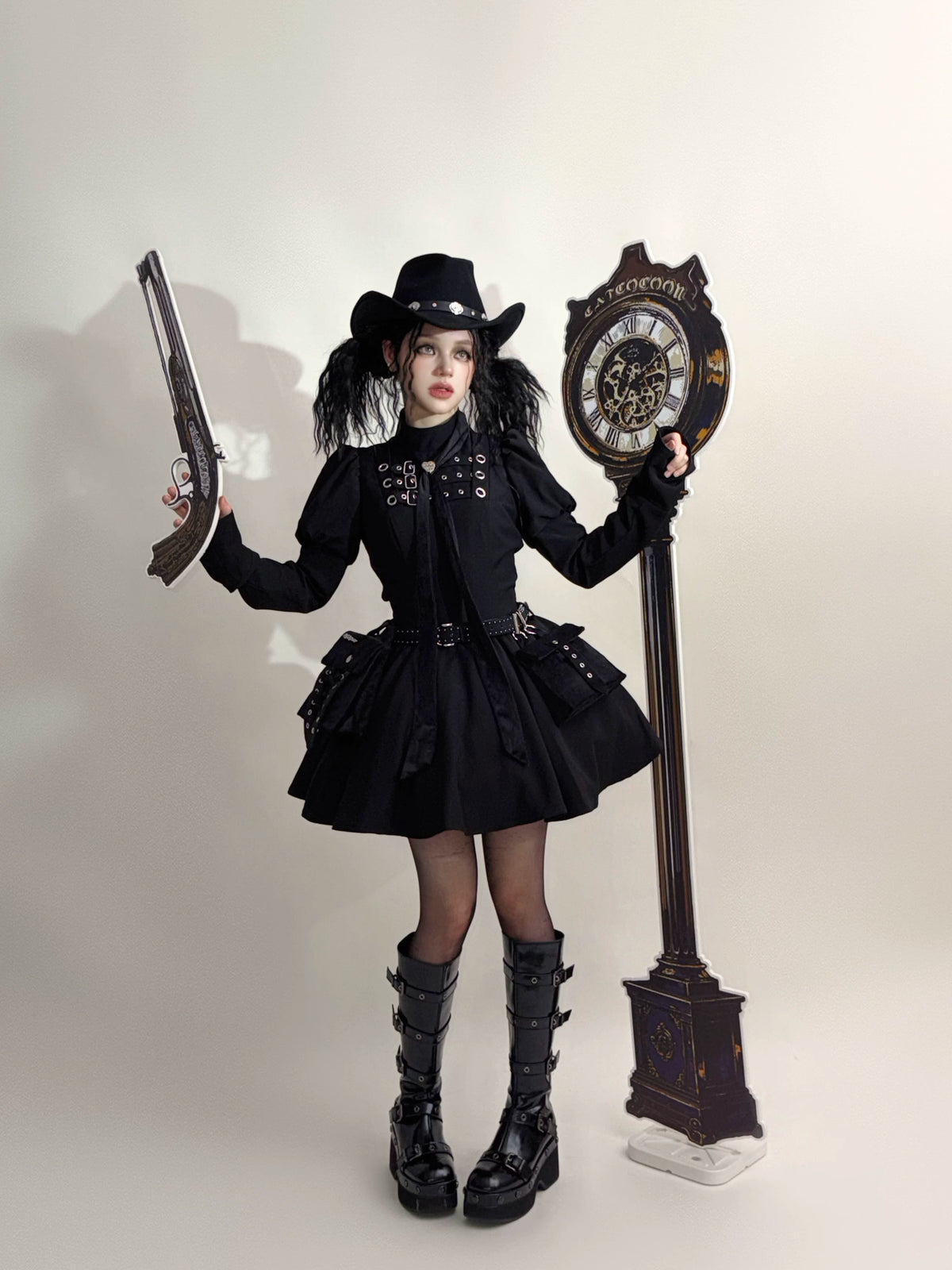 Cannoneer Lolita Steampunk Long Sleeve Black OP Dress Set